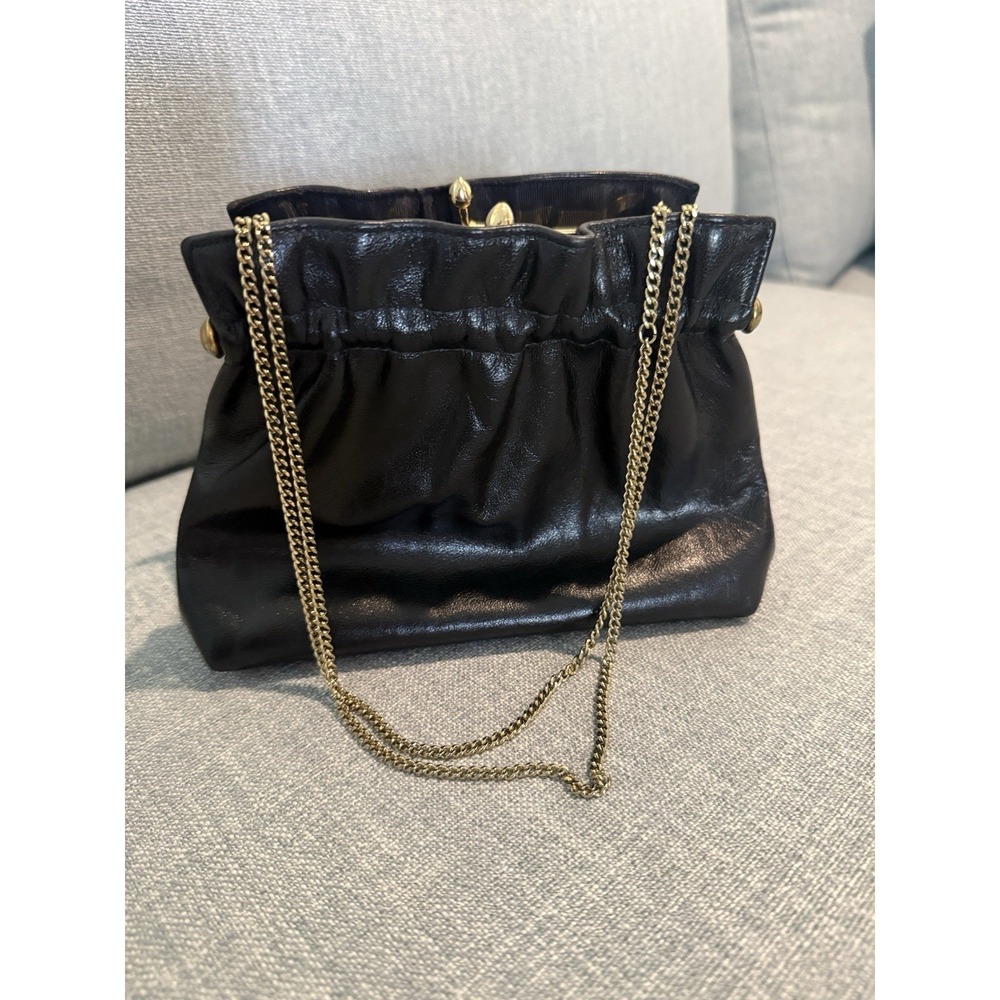 Vintage Mini Soft Black Leather Kisslock Crossbody Bag‎ Lined Adjustable Chain